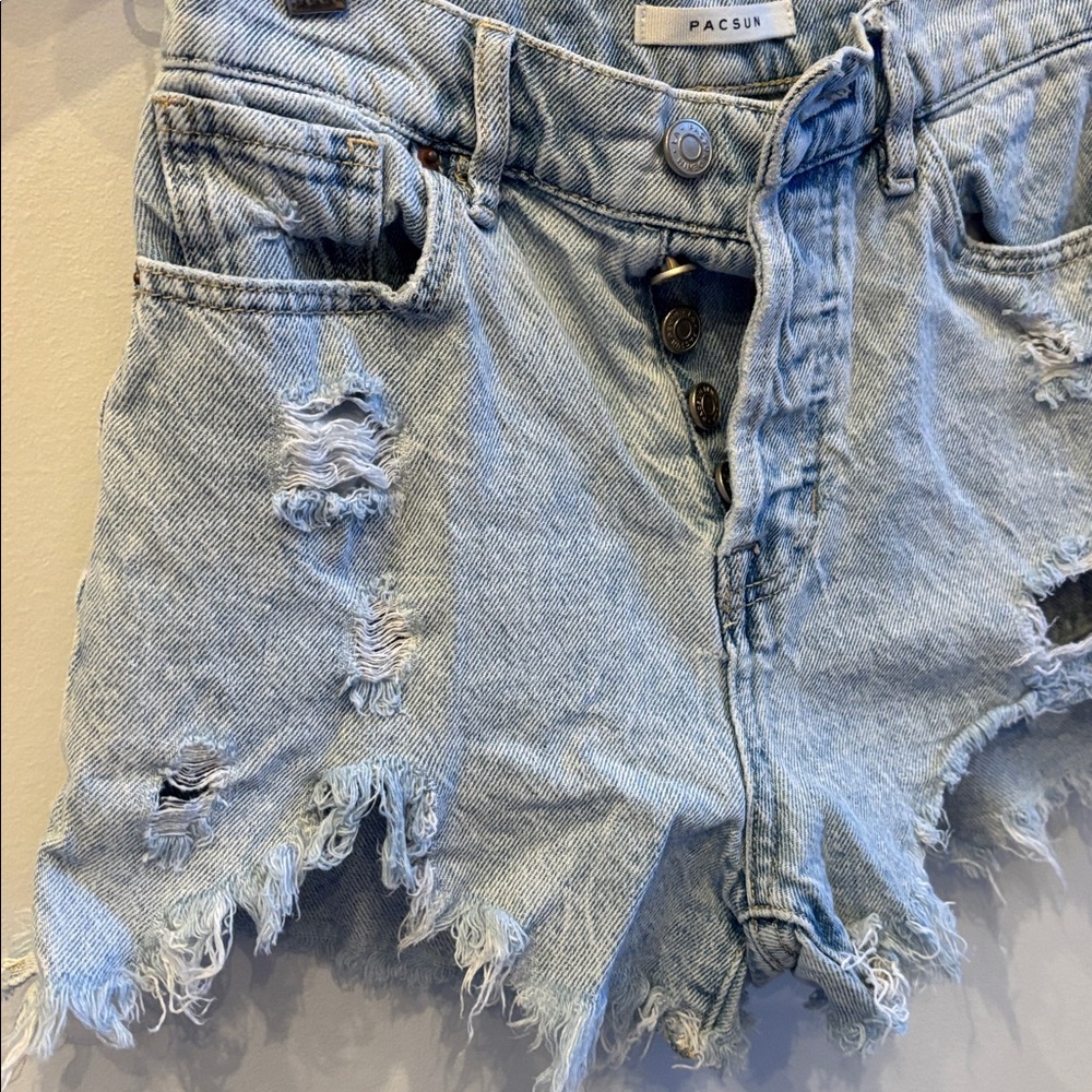 PacSun High Rise Icon Light Wash Distressed Denim Shorts - Picture 2 of 5